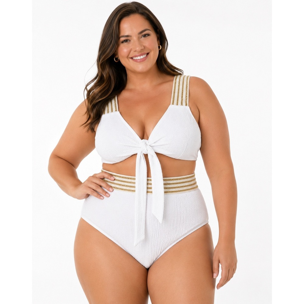 Cupshe Women‎ White Gold Metallic Striped Seersucker Bikini Set XL CAA12L3A003CC